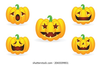 Halloween pumpkins in vector with set of different faces for icons and decorations on white background. Orange yellow pumpkins with carving scary smiling cute glowing faces. Vector illustration.