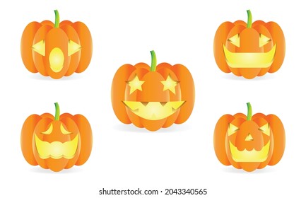 Halloween pumpkins in vector with set of different faces for icons and decorations on white background. Orange pumpkins with carving scary smiling cute glowing faces. Vector illustration.