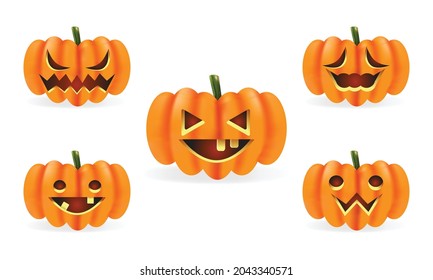 Halloween pumpkins in vector with set of different faces for icons and decorations on white background. Orange pumpkins with carving scary smiling cute glowing faces. Vector illustration.