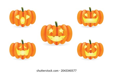 Halloween pumpkins in vector with set of different faces for icons and decorations on white background. Orange pumpkins with carving scary smiling cute glowing faces. Vector illustration.