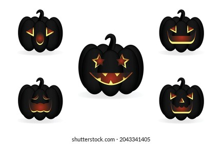 Halloween pumpkins in vector with set of different faces for icons and decorations on white background. Dark black pumpkins with carving, scary smiling cute glowing faces. Vector illustration.