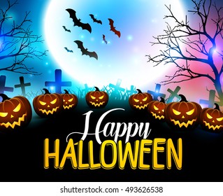 Halloween pumpkins in vector with set of different faces for icons and decorations in dark background. Vector illustration.
