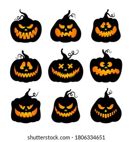 Halloween pumpkins. Vector set. Jack lantern. Black silhouettes in cartoon style. The symbols of the autumn holiday. For the design of cards, party invitations. Isolated on a white background.