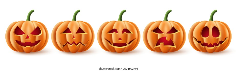 Juego de vectores de calabazas de Halloween. Colección de elementos de calabaza de Halloween en espeluznante, espeluznante y espeluznante con expresiones faciales para íconos y decoraciones aislados en fondo blanco. Ilustración vectorial.