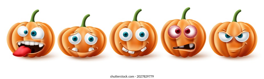 Halloween pumpkins vector set. Halloween pumpkin character in funny, happy and scary facial expression for element collection isolated in white background. Vector illustration.