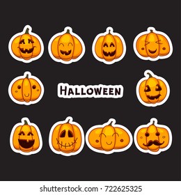 Halloween pumpkins vector stickers. Part of great collection of icons in the traditional holiday colors. Cartoon design.