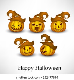 Halloween pumpkins wearing witch hat in various mood on abstract grey background. 