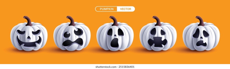 Calabazas de Halloween diseño de Vector blanco. Colección blanca de halloween de calabazas con expresión facial de miedo, espeluznante y shock aislada en fondo naranja. Diseño de Elementos de terror de Ilustración vectorial