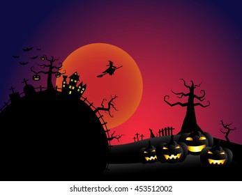 Halloween pumpkins and a witch flying out from dark castle with bloody Moon background, illustration.
