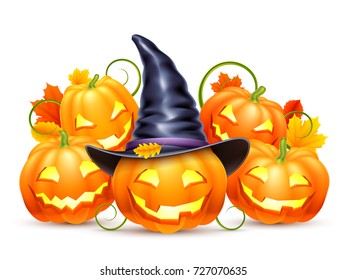Halloween pumpkins with witch hat and autumn leaves isolated on white background