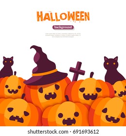 Halloween pumpkins in witch hat with black cat. Holiday border with jack o lanterns on white background. Vector illustration.