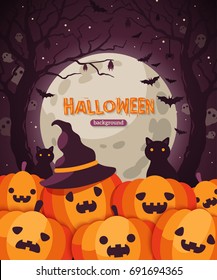 Halloween pumpkins in witch hat with black cat and bats. Vector illustration. Jack o lanterns at Full Moon Night in Spooky Forest.