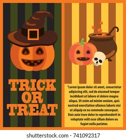 Halloween pumpkins, witch hat, cast-iron vat of magic potion and human skull on festive poster with sample text vector illustrations set
