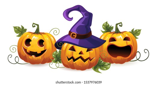 Halloween pumpkins in a witch hat. The main symbol of the Happy Halloween holiday. Horizontal banner for Halloween.
