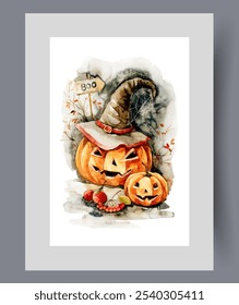 Halloween pumpkins with witch hat near sign that says boo on wall art. Watercolor artwork. Print with jack-o-lanterns made from pumpkins for Halloween celebration, in frame with decor for poster