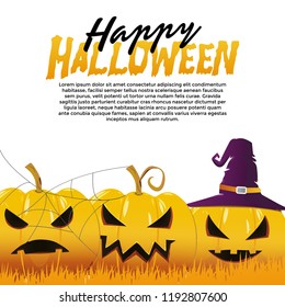 Halloween pumpkins in witch hat on white background for holiday design. Vector Illustration. Place for your text. 