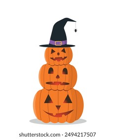 Calabazas de Halloween con sombrero de bruja sobre fondo blanco. Ilustración vectorial en estilo plano.