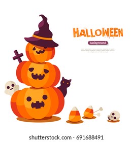 Halloween pumpkins in witch hat on white background with black cat and skull. Vector illustration. Jack o lanterns for holiday design