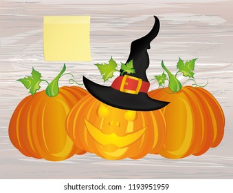 Halloween. Pumpkins with  Witch hat. Vector. Greeting card or invitation for holiday and  party. Yellow sheet of paper for notes. Sticker.