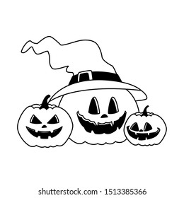 halloween pumpkins with witch hat vector illustration design