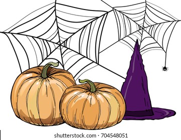 Halloween pumpkins, witch hat, web on white background . Vector illustration. Perfect for invitations, greeting cards, print, banners, poster for textiles, fashion design.