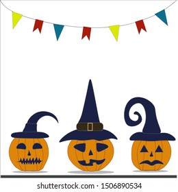 halloween pumpkins in witch hats vector set