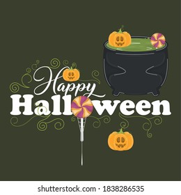 Halloween pumpkins, witch pot and candies. Happy halloween card - Vector illustration