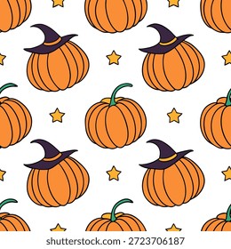 Halloween pumpkins and witches seamless tile pattern with vibrant orange and mystical elements for magical decor concept as Vibrant orange pumpkins and mystical witches arranged seamlessly for magical Halloween home decor in Photo Stock Concept and empty space on the left side,no text --ar 7:2 --tile