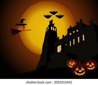 Halloween pumpkins and wolf on full Moon background, vector and illustration.
