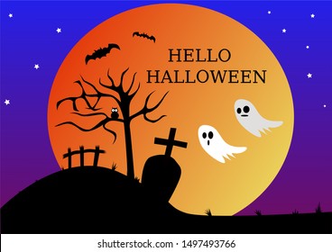 Halloween pumpkins,dark castle,Skeleton ghost,owl and bats on orange moon, on blue and purple  background.