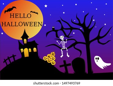 Halloween pumpkins,dark castle,Skeleton ghost,owl and bats on orange moon, on blue and purple  background.