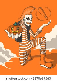 halloween punk clown hand holding a pumpkin background for brochure banner and publication.