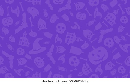 Halloween purple background with bats, bones, cobweb, haunted house, ghost, owls, pumpkins, rabbits, skull, spiders and witch hats. Vector Halloween Illustration.