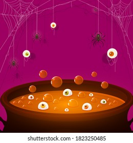 Halloween Purple background. Scary eyes and spiders on web. Orange potion in cauldron with eyes and bubbles. Illustration can be used for cards, children's holiday design, invitations and banners