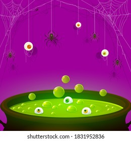 Halloween Purple background. Scary eyes and spiders on web. Green potion in cauldron with eyes and bubbles. Illustration can be used for cards, children's holiday design, invitations and banners