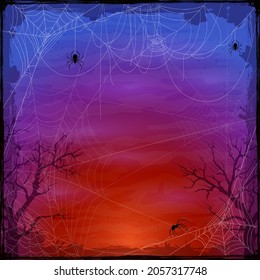 Fondo morado de Halloween con telarañas. Tarjeta de Halloween de vacaciones con borde de grunge y telaraña. La ilustración puede utilizarse para el diseño de vacaciones para niños, decoraciones, tarjetas, carteles, plantillas