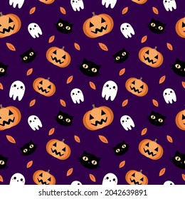 Halloween purple festive seamless pattern. Endless background with pumpkins, skulls, ghosts, bones, candies, spider web ,eye,autum and fall theme for paper,wrapping,carpet,wallpaper,fabric art work