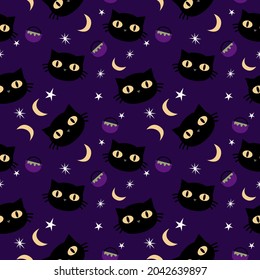 Halloween purple festive seamless pattern. Endless background with pumpkins, skulls, ghosts, bones, candies, spider web ,eye,autum and fall theme for paper,wrapping,carpet,wallpaper,fabric art work