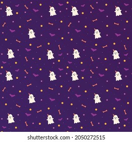 Halloween purple festive seamless pattern. Endless background with ghosts, bats, stars, bones and round shapes