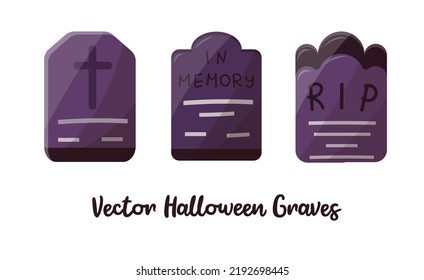 Halloween purple graves. Halloween patry decor, purple halloween elements for kids party. Isolated vector illustration for poster, banner, cover, menu, advertising.