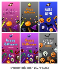 Halloween purple, gray, green banner set with balloons, sweets. Halloween, October, trick or treat. Lettering can be used for greeting cards, invitations, announcements
