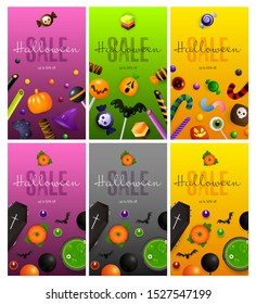 Halloween purple, gray, orange banner set with sweets, coffin. Halloween, October, trick or treat. Lettering can be used for greeting cards, invitations, announcements