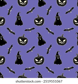 Halloween purple pattern with black creepy pumpkin, ghost in wizards hat and bat, in hand drawn doodle silhouette style. For background, backdrop, packaging. Vector illustration