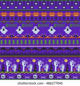Halloween purple pattern decorated spooky stuff for fabric. Child ornament with pumpkins, spiders, bats, ghosts, zombies and treat. Seamless vector pattern.