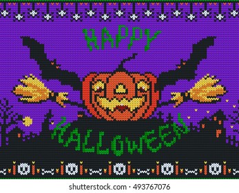 Halloween purple pattern decorated spooky stuff. Child ornament with pumpkins, spiders, bats, ghosts, zombies and treat. Halloween vector pattern.