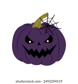 Halloween. Purple pumpkin with a spider web and a scary face. Scary pumpkin character in flat style on white background.