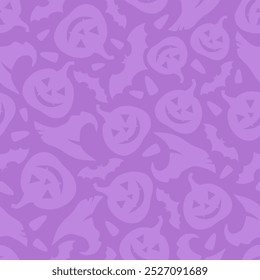 Halloween purple seamless background with jack-o-lanterns, bats, and witches hats silhouettes. Vector season print. Hand-drawn illustration, not AI