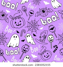 Halloween purple seamless pattern with pumpkins, bats, spiders, ghosts, candies, spider web and speech bubble boo. Vector background texture for printing on fabric and paper.Scary event decoration