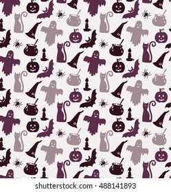 Halloween purple silhouettes dark seamless vector pattern