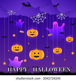 Halloween purple theme with ghosts and pumpkins